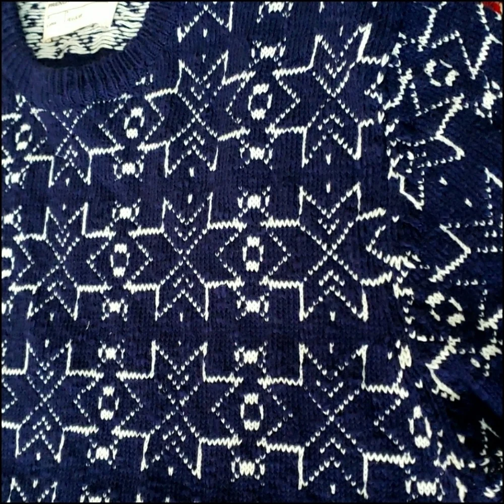 French Connection Mens Crewneck Cotton Sweater Blue with White Snowflakes